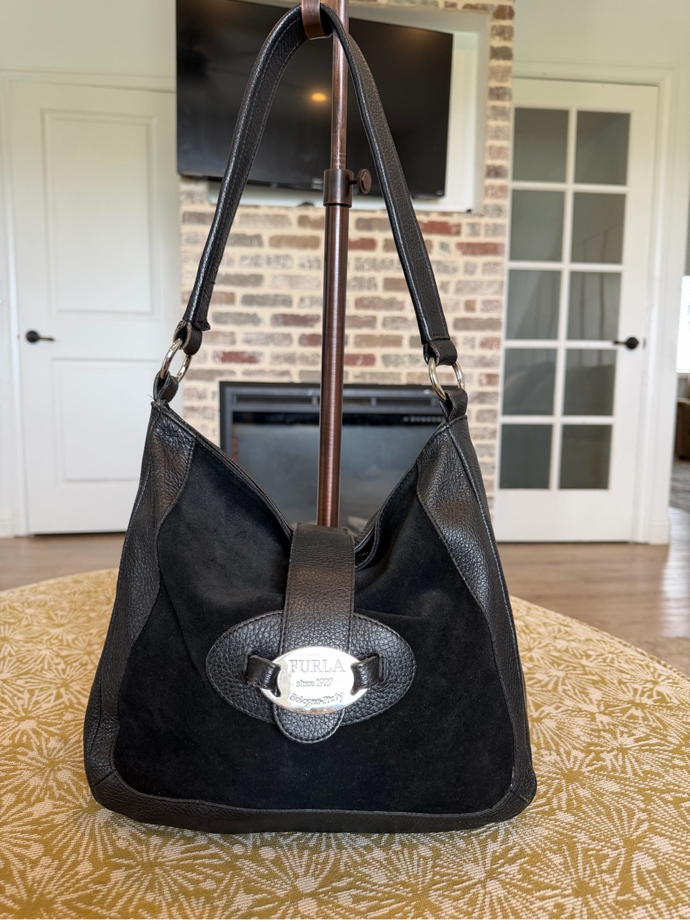 Furla Black Suede and Pebbled Leather Shoulder Bag